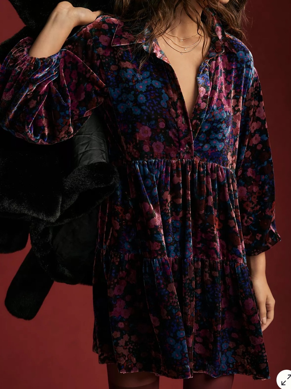 Anthropologie Maeve Brand Floral Velvet Tiered Dress 2X